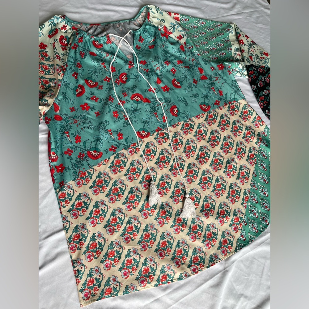 Patchwork Boho Peasant Blouse Top 2XL Floral Spring Balloon Sleeve Casual Tassel - Picture 3 of 16